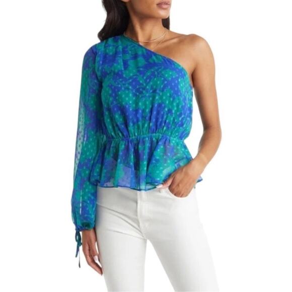 VICI Blue Green Floral One Shoulder Peplum Blouse Top XS NWT - Picture 1 of 9